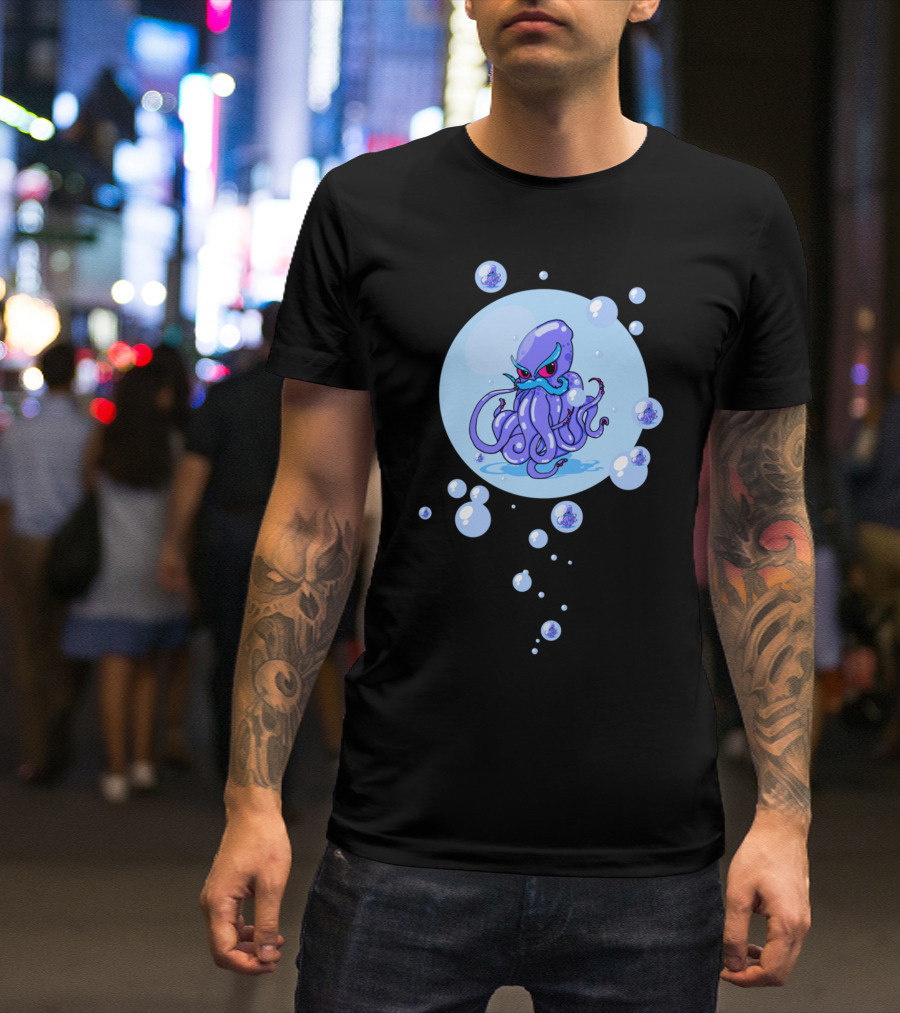Octostache Cartoon Octopus With Bubbles And Mustache T-Shirt
