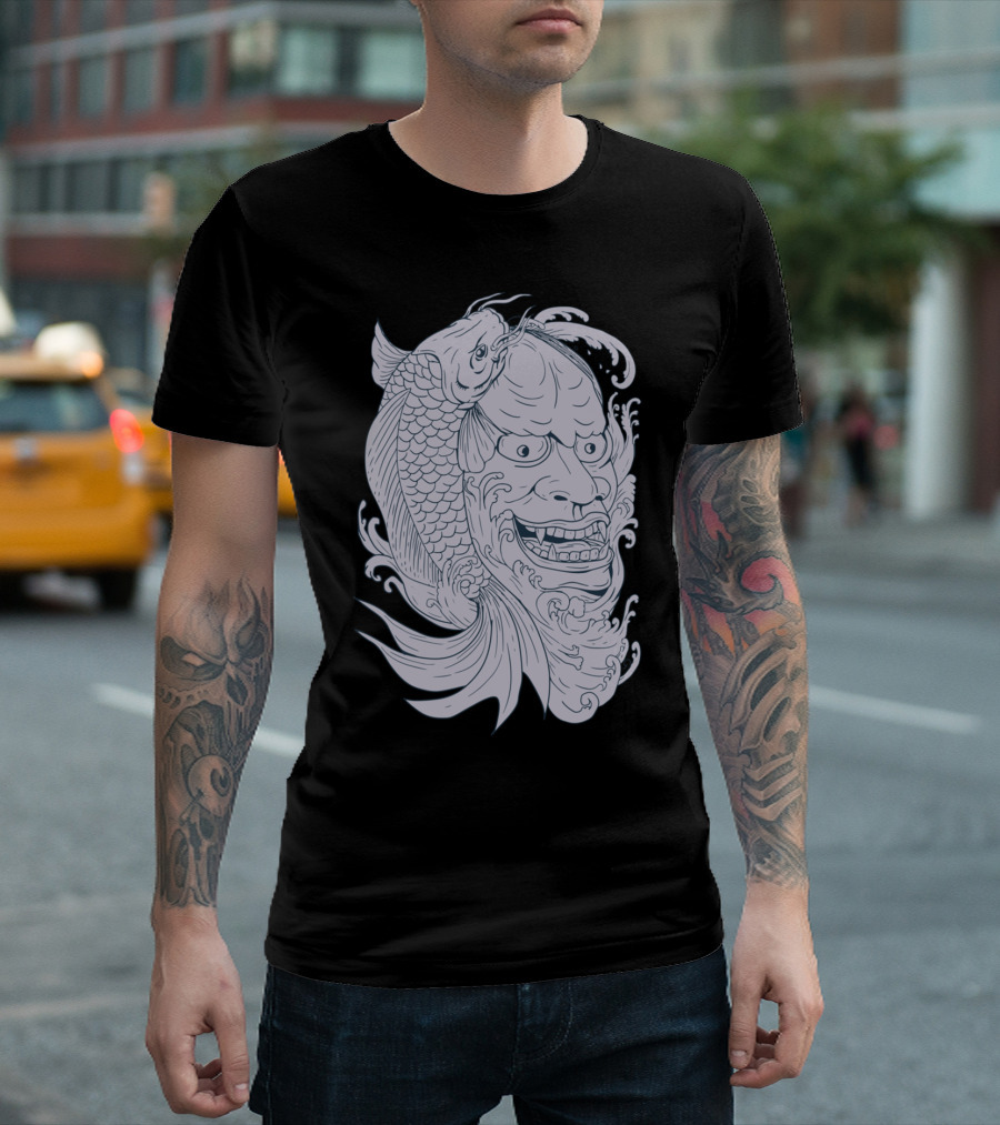 Hannya Mask Koi Fish Drawing Tattoo-Inspired T-Shirt