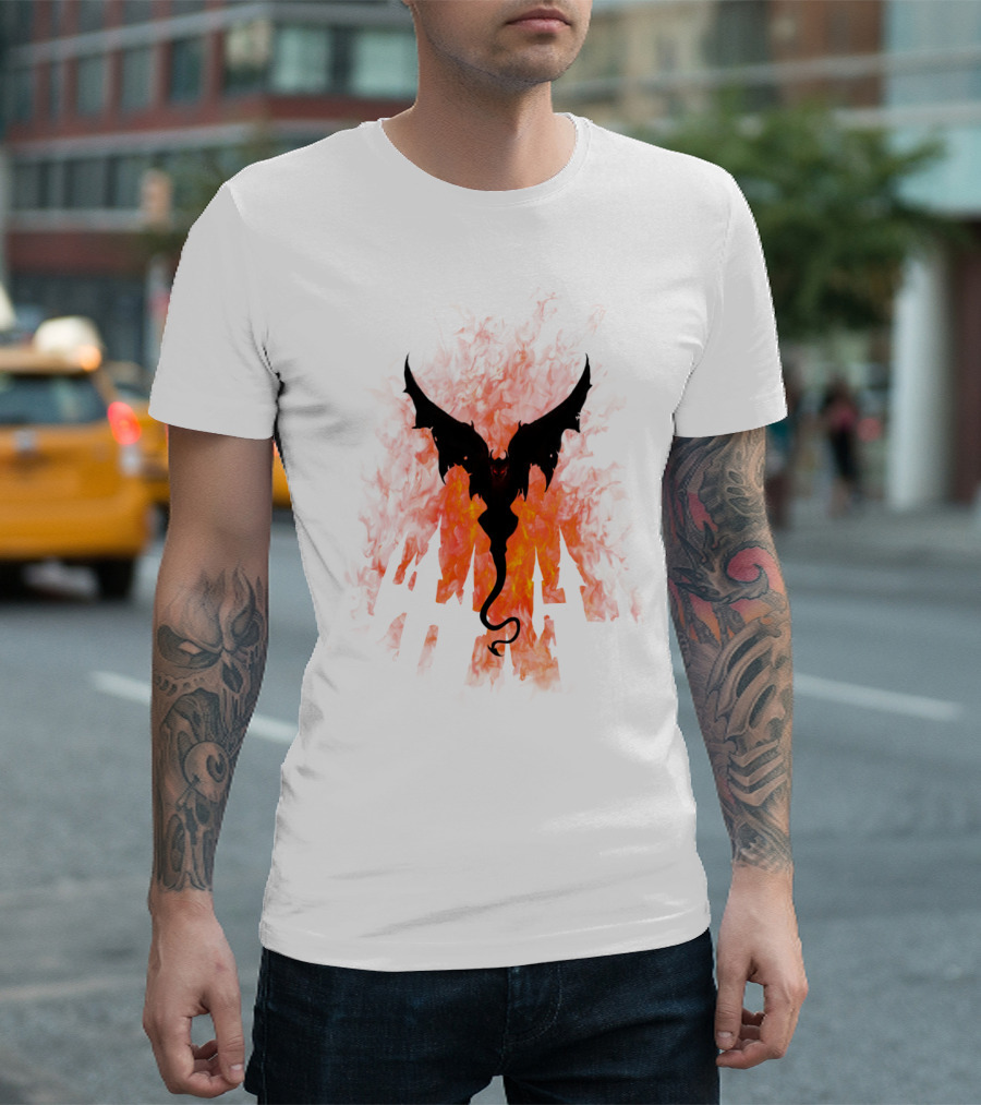 Dracula Returns Fiery Castle Silhouette With Bat Wings And Flames T-Shirt