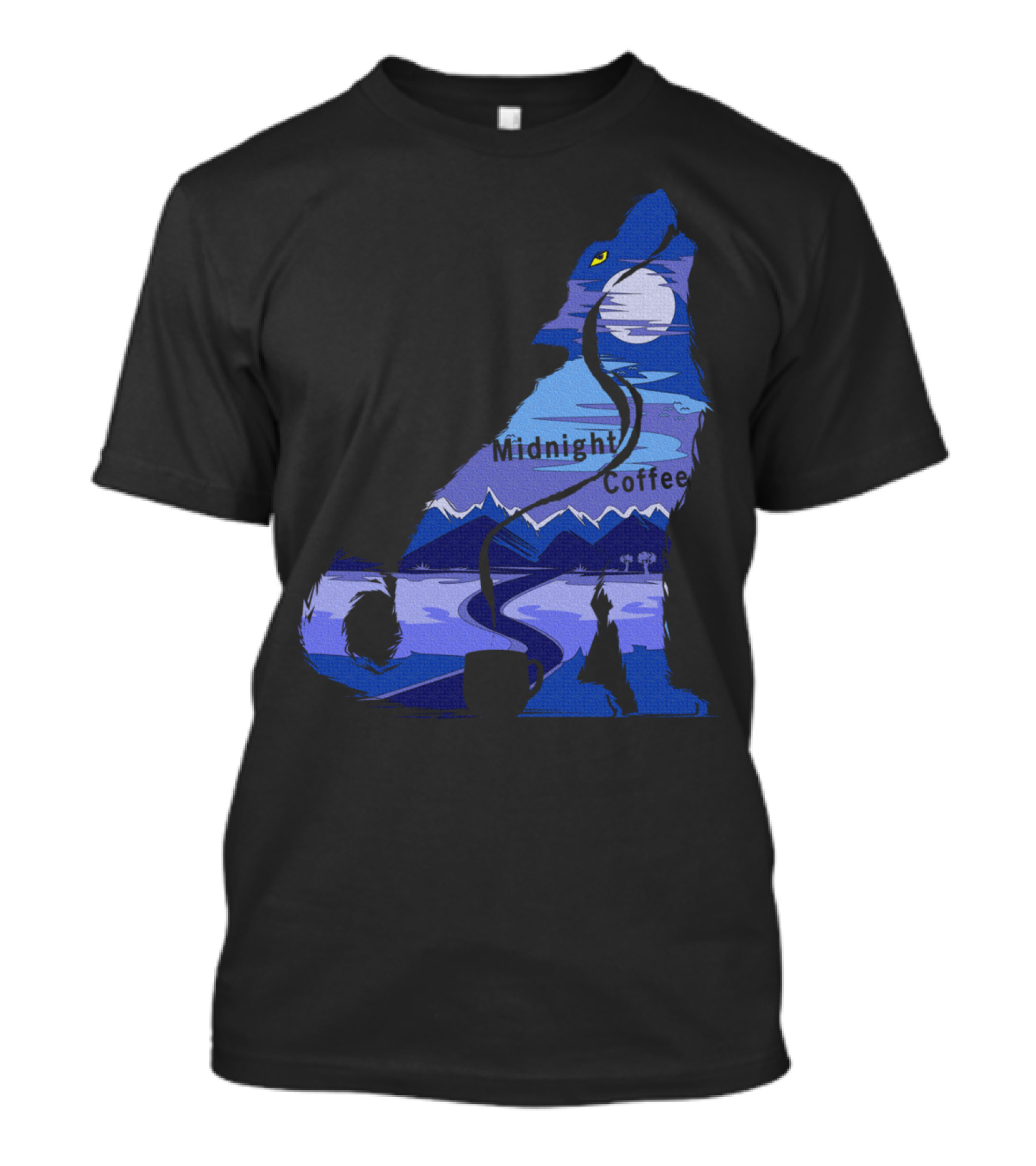 Midnight Coffee Howling Wolf Moonlit Mountain Scene T-Shirt