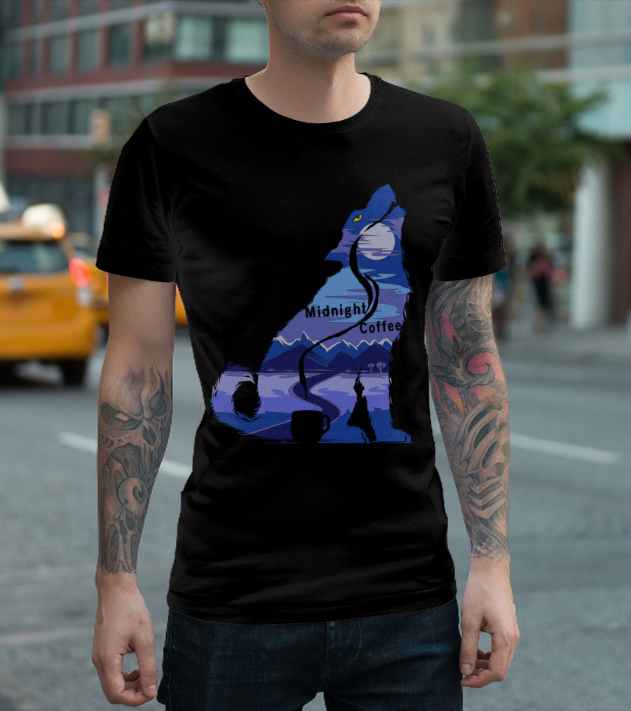 Midnight Coffee Howling Wolf Moonlit Mountain Scene T-Shirt