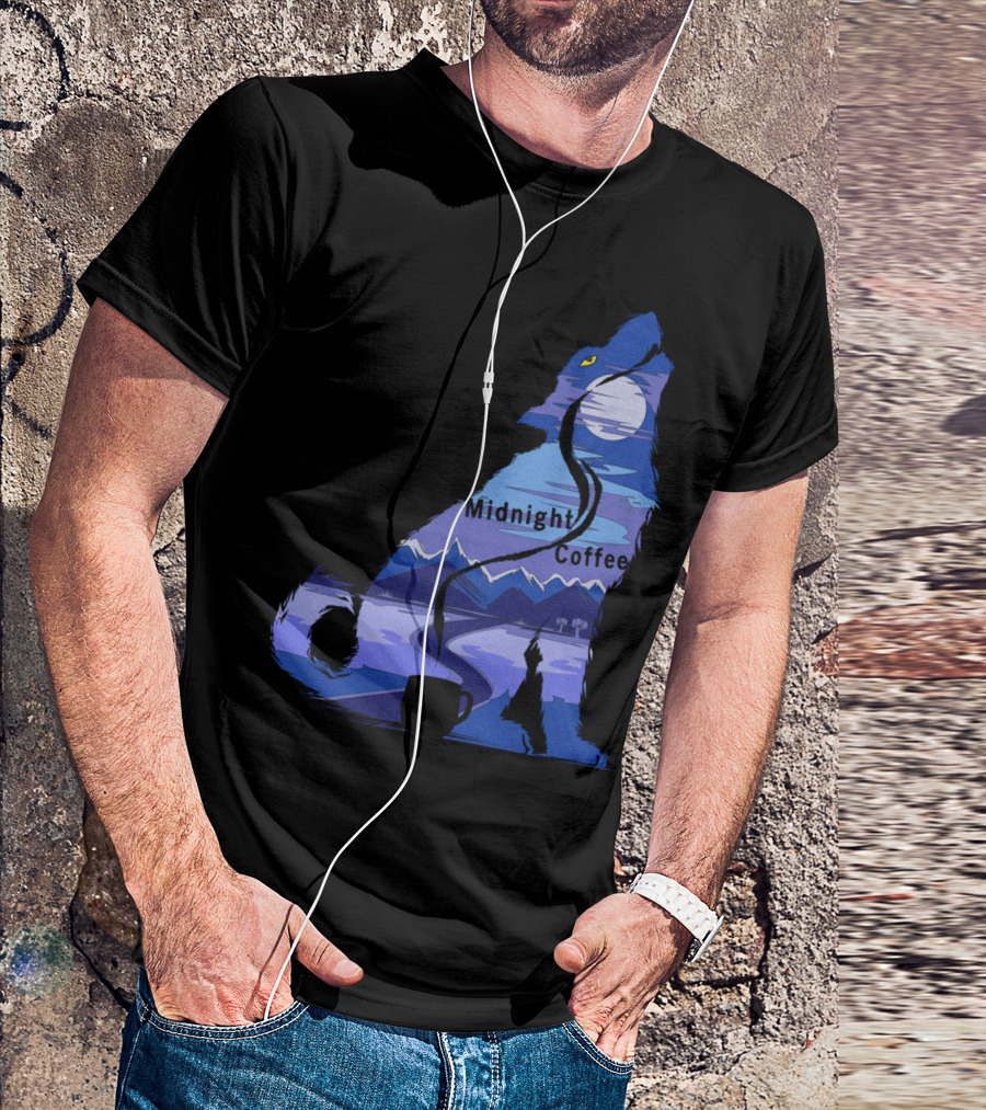 Midnight Coffee Howling Wolf Moonlit Mountain Scene T-Shirt