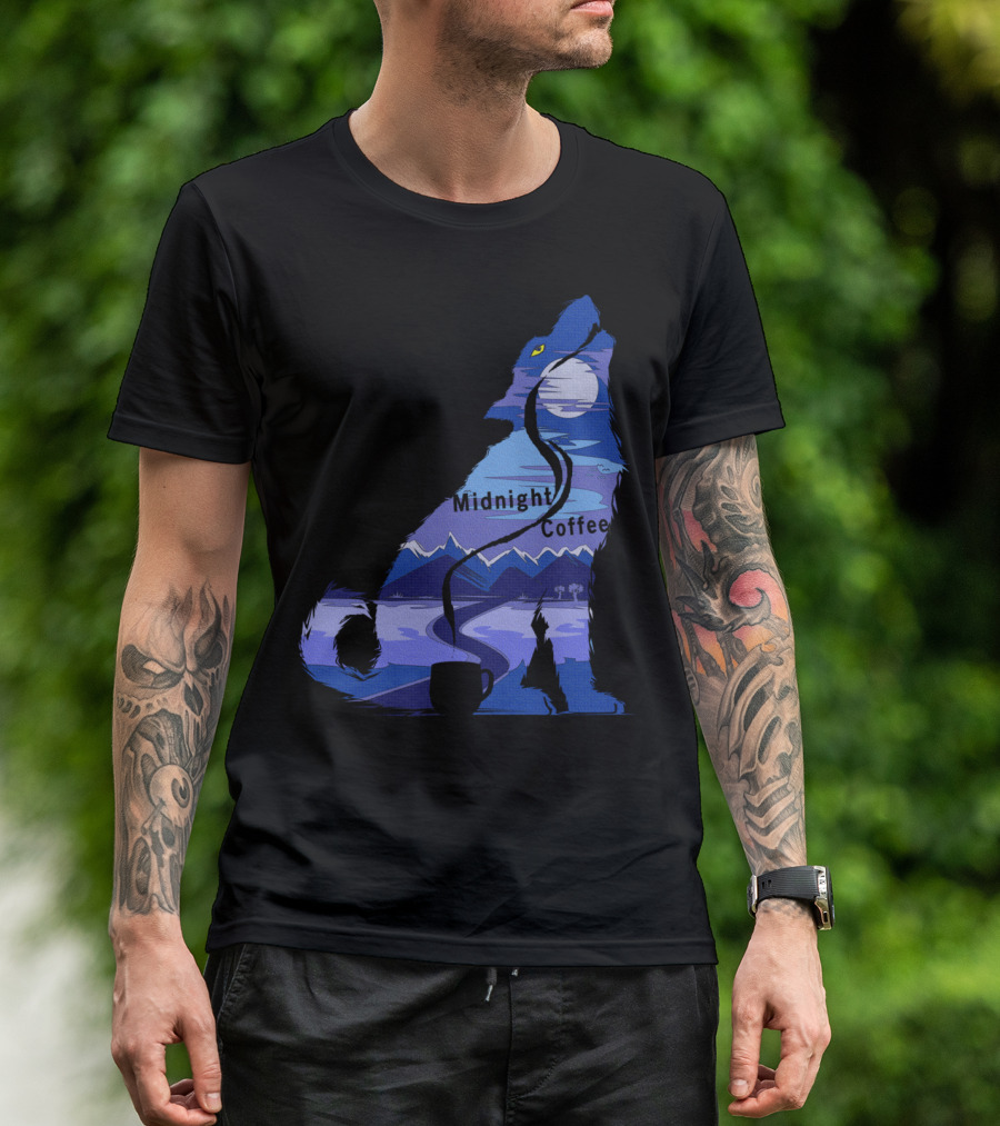 Midnight Coffee Howling Wolf Moonlit Mountain Scene T-Shirt
