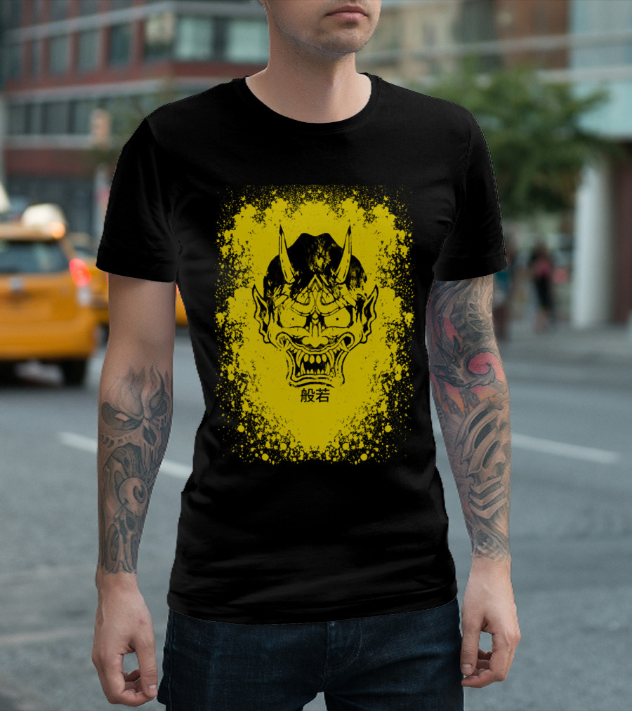 Hannya Mask Yellow Background Kanji T-Shirt