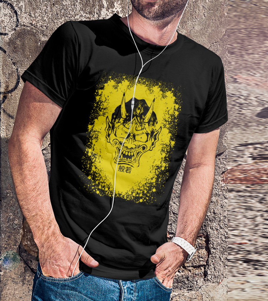 Hannya Mask Yellow Background Kanji T-Shirt