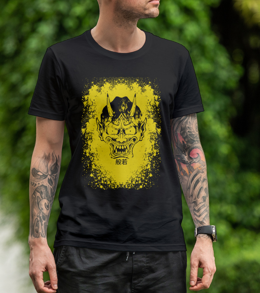 Hannya Mask Yellow Background Kanji T-Shirt