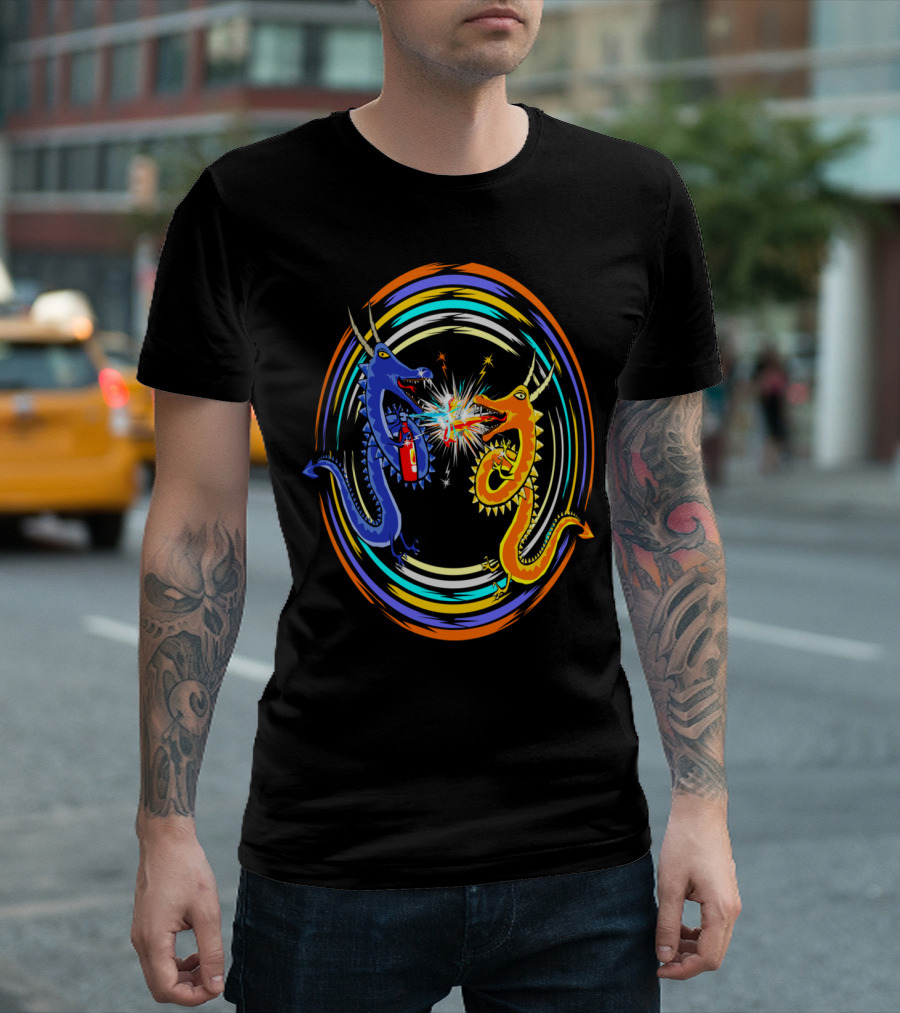 Dragon Fight: Blue and Orange Battle with Fire Breath and Blazing Motion T-Shirt