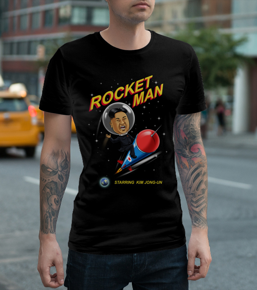 ROCKET MAN Starring Kim Jong-Un Riding Cartoon Rocket T-Shirt