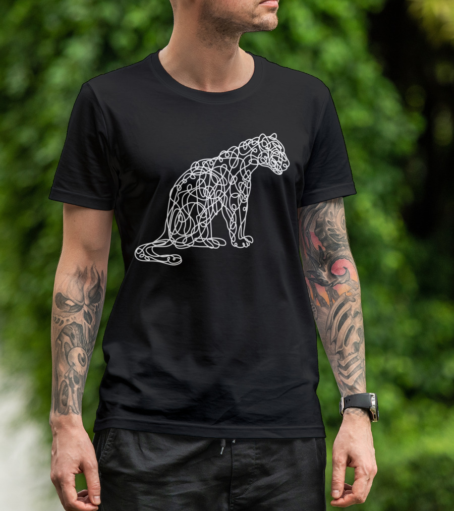 Leopard Artistic Line Style White Abstract Cat Outline T-Shirt
