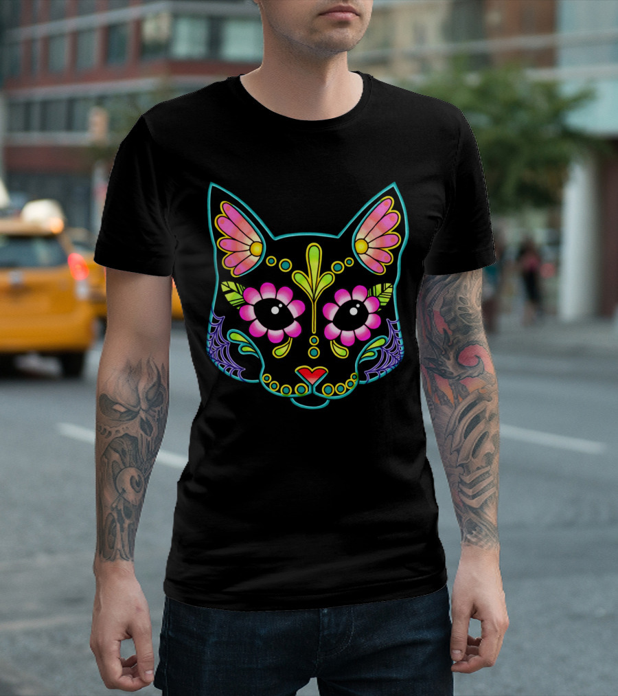 Cat In Black Day Of The Dead Sugar Skull T-Shirt