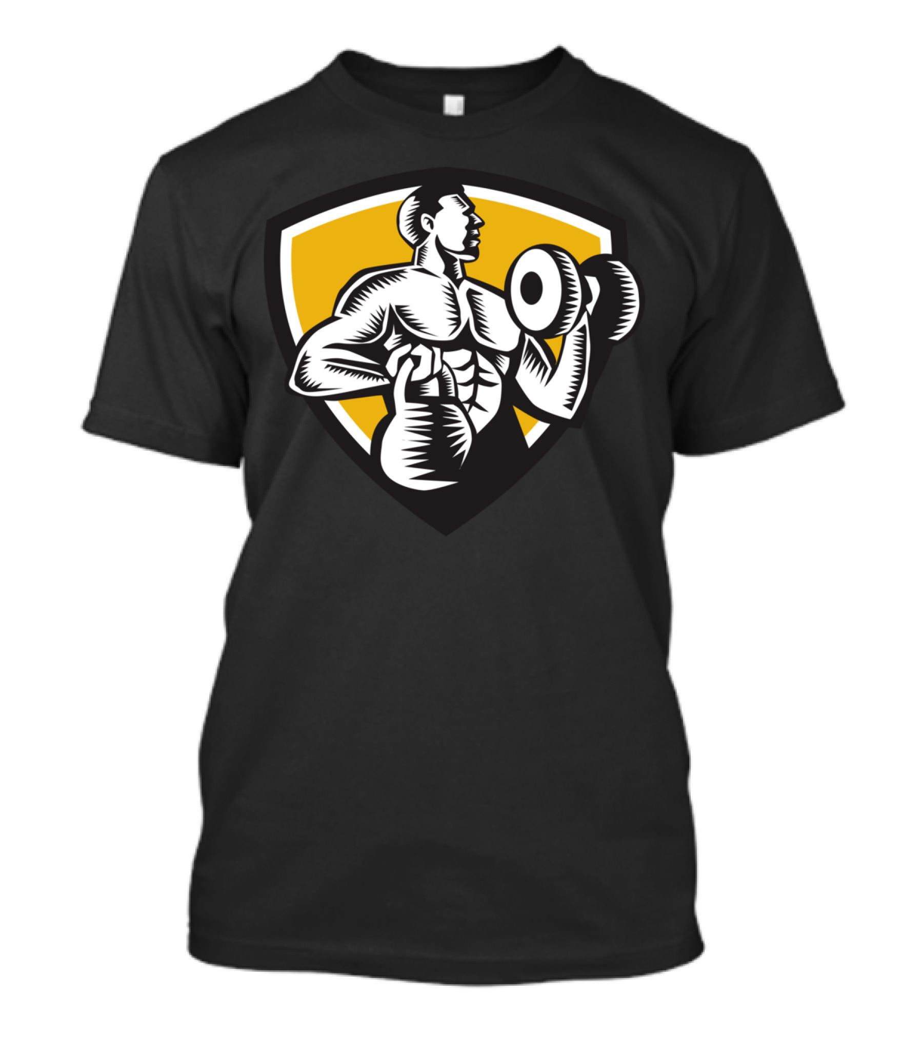 Athlete Lifting Kettlebell Dumbbell Shield Crest Fitness Woo T-Shirt