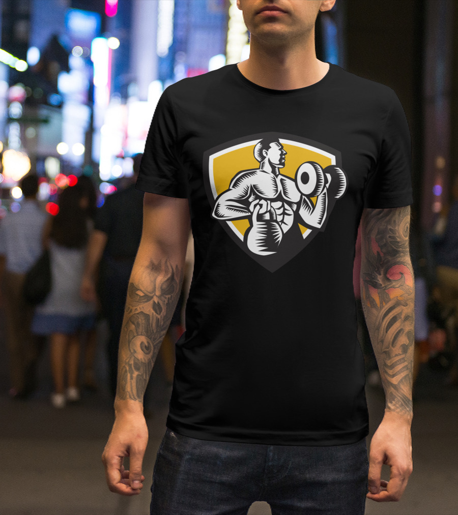 Athlete Lifting Kettlebell Dumbbell Shield Crest Fitness Woo T-Shirt