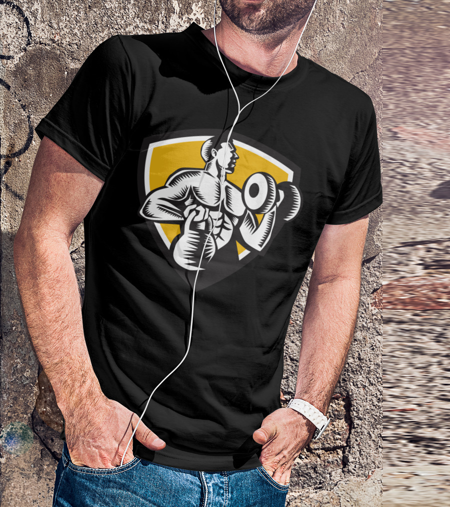 Athlete Lifting Kettlebell Dumbbell Shield Crest Fitness Woo T-Shirt