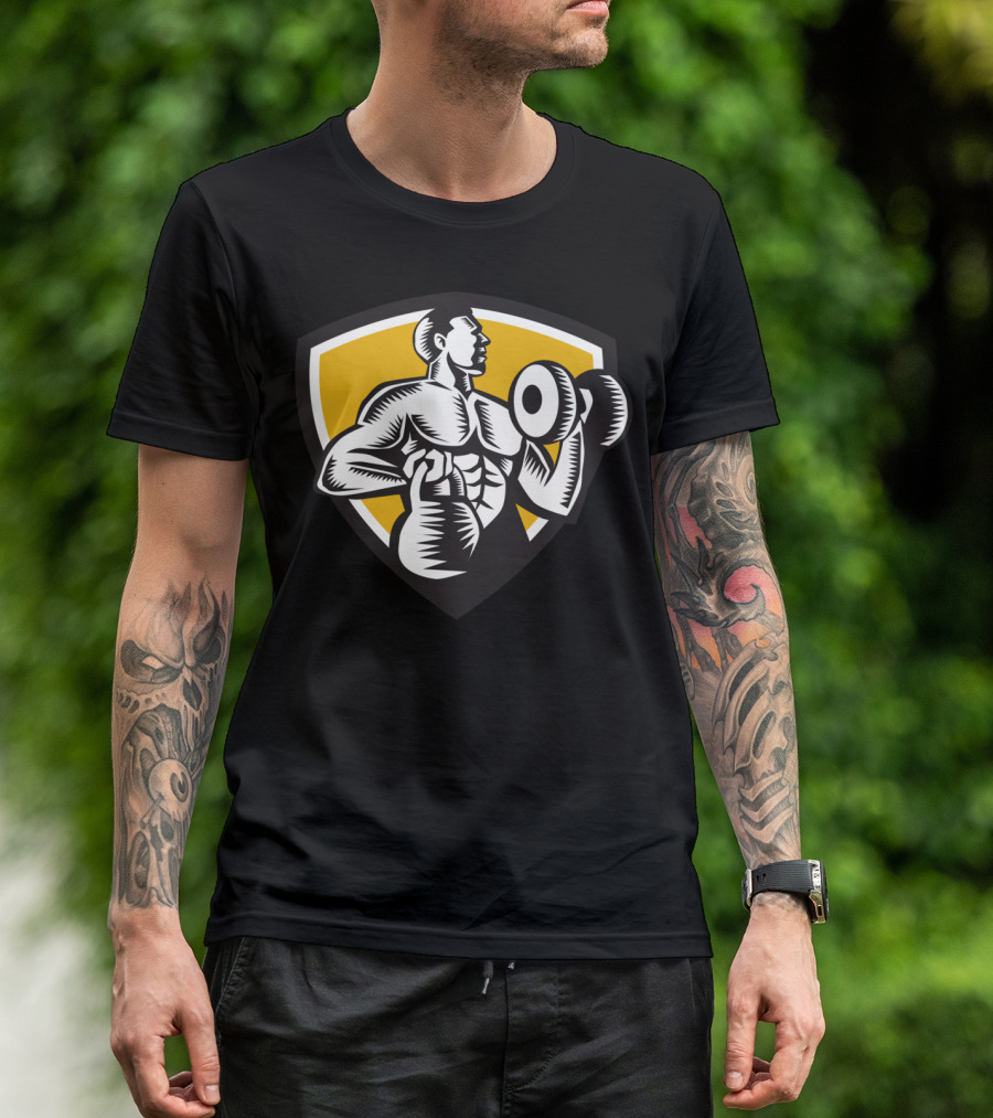 Athlete Lifting Kettlebell Dumbbell Shield Crest Fitness Woo T-Shirt
