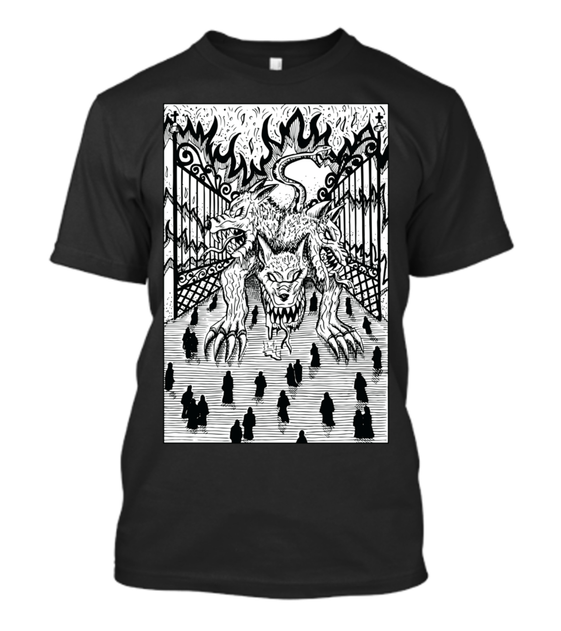 Cerberus Three-Headed Mythical Creature At Flaming Gates T-Shirt