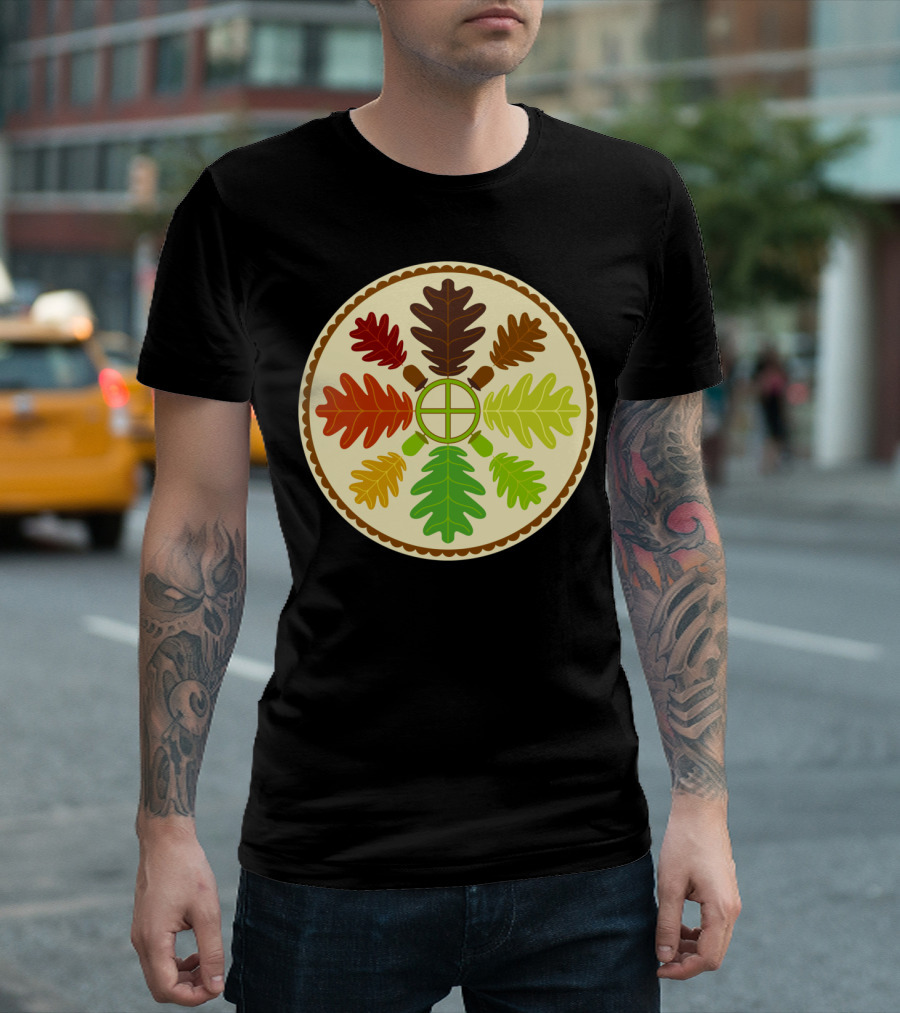 Mighty Oak Hex Sign Autumn Leaf Folk Art Circle T-Shirt