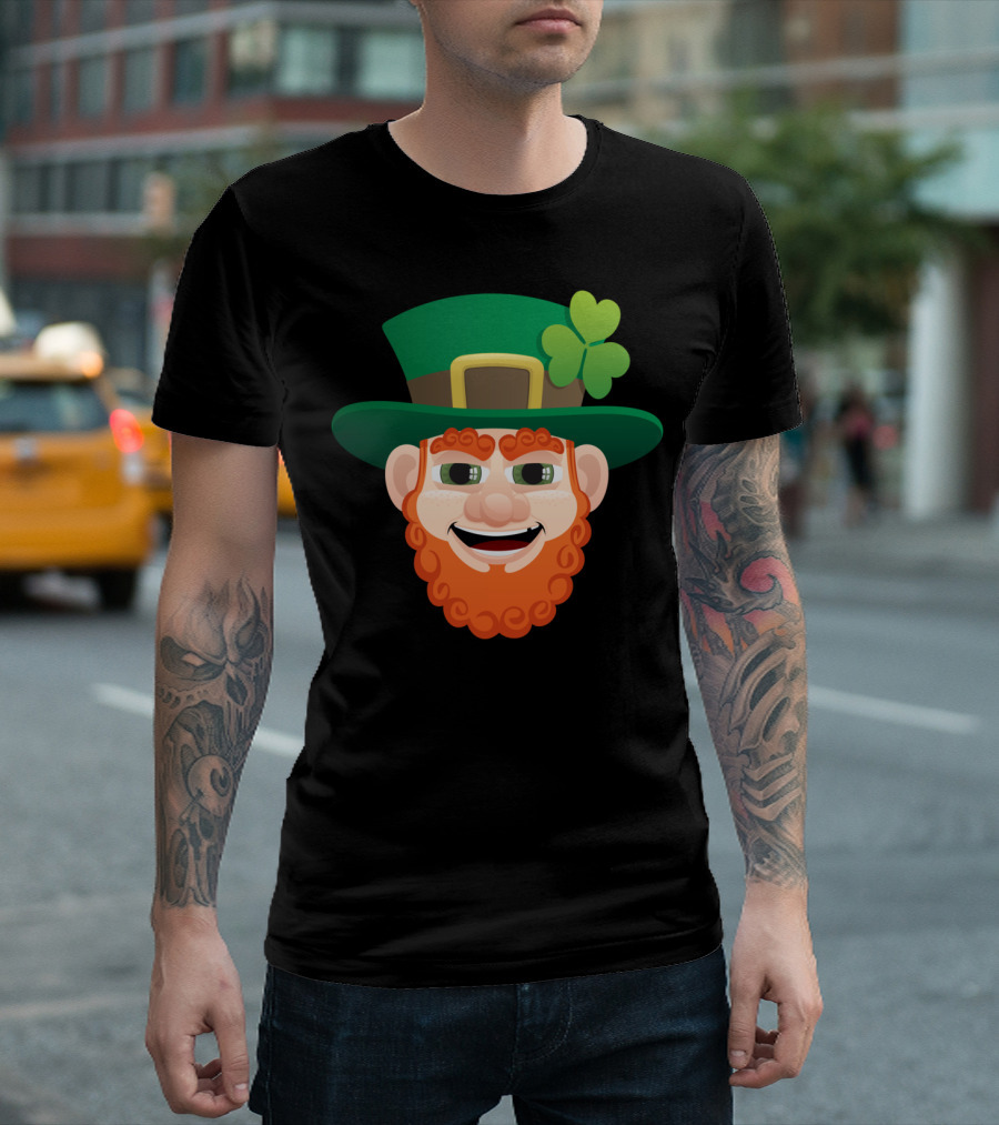 Leprechaun Head with Green Hat and Shamrock T-Shirt