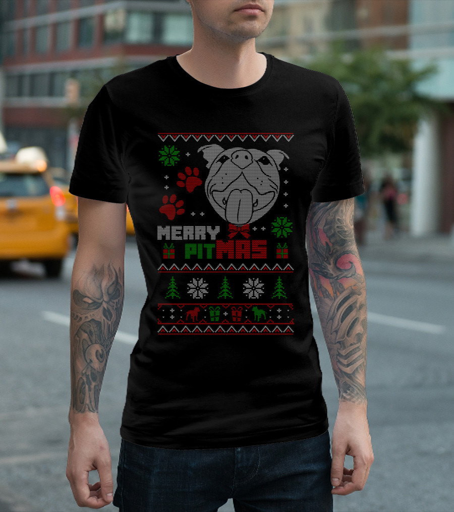 Merry Pitmas Ugly Christmas Sweater Pit Bull Dog Paw Prints Snowflakes T-Shirt