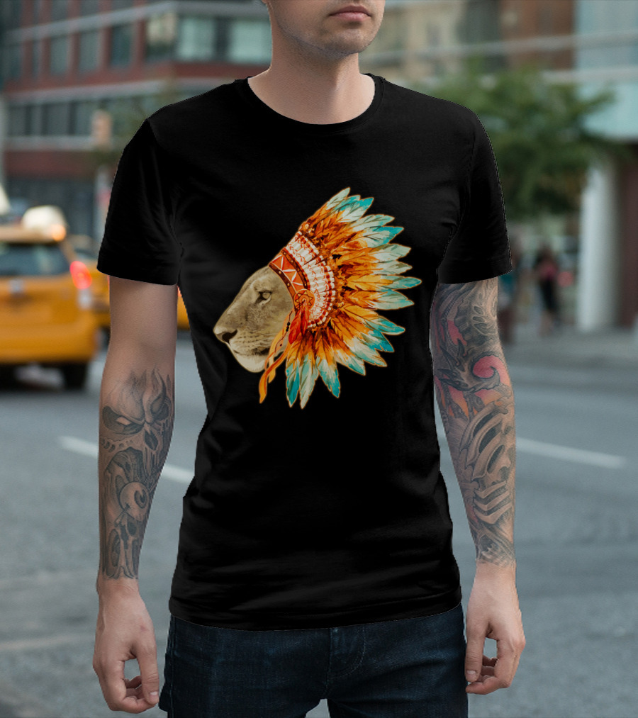 The Feminist Chief Lioness with Native American Headdress T-Shirt
