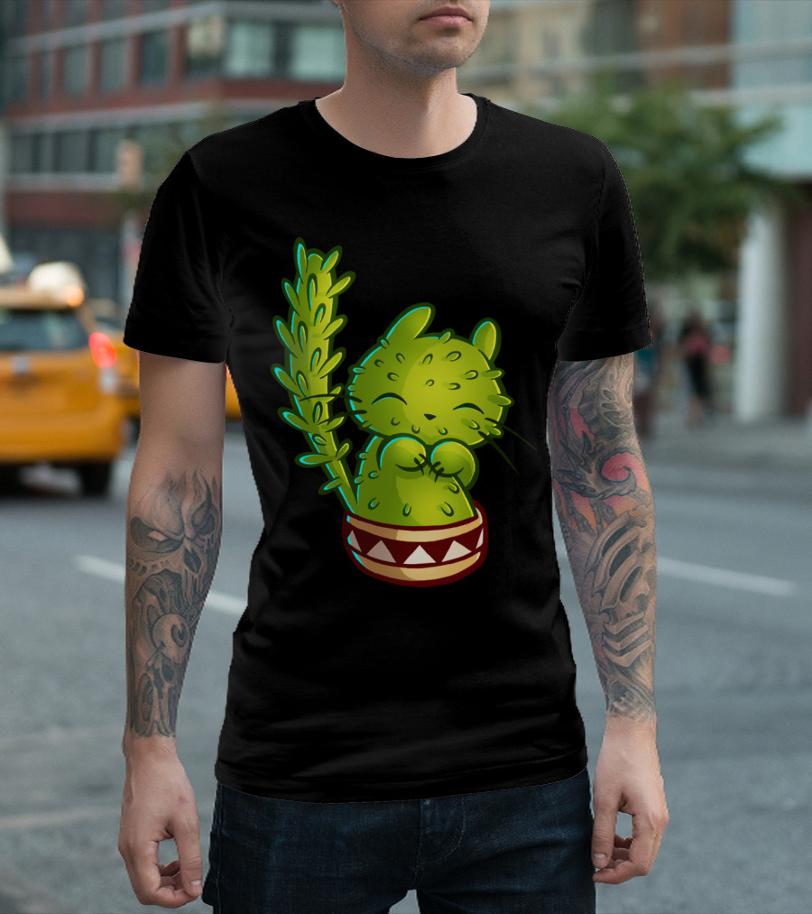 Cat Ti Can Be Shy Cactus Kitty in Pot T-Shirt
