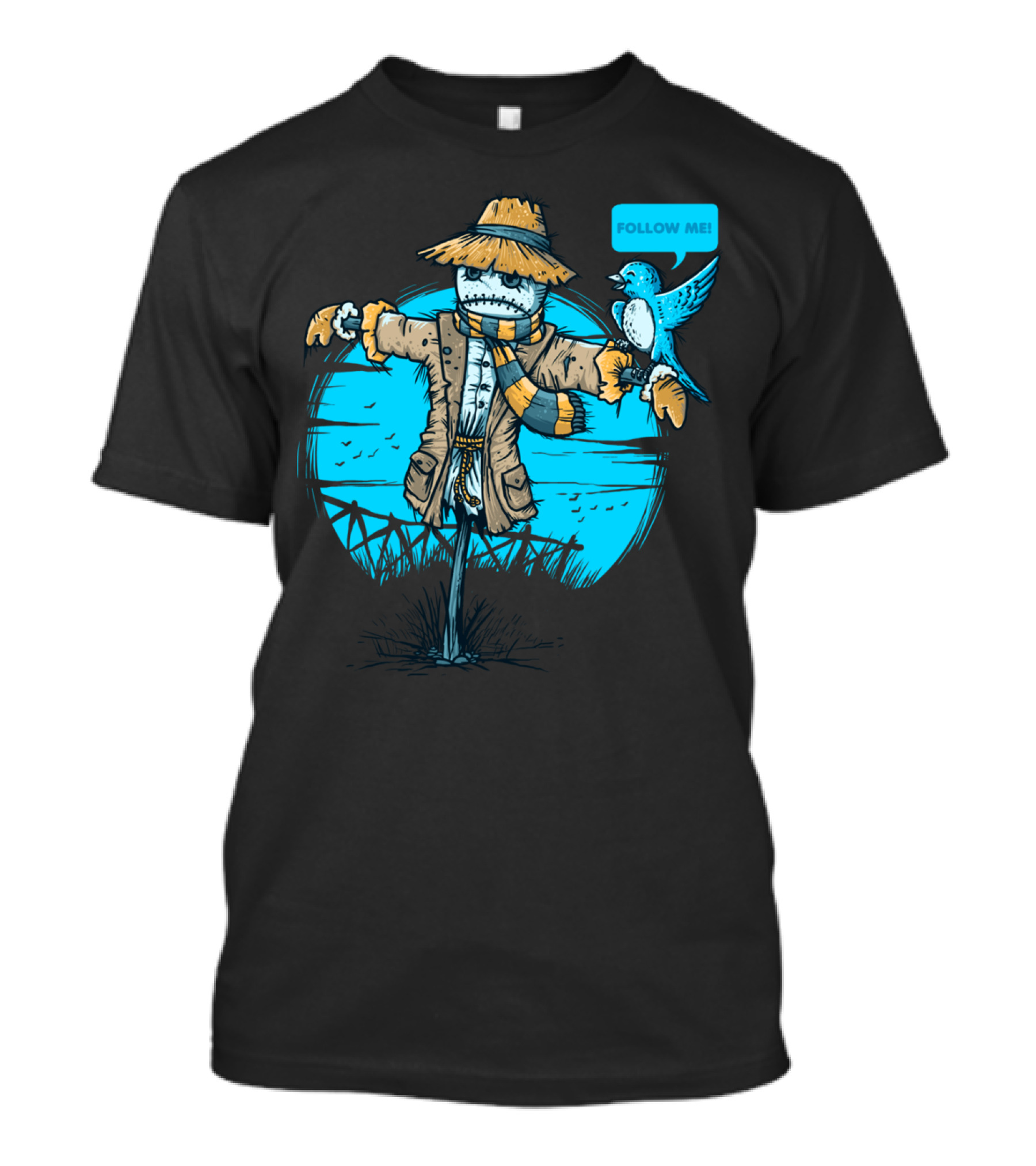 Social Bird Follow Me Scarecrow And Bluebird Scene T-Shirt