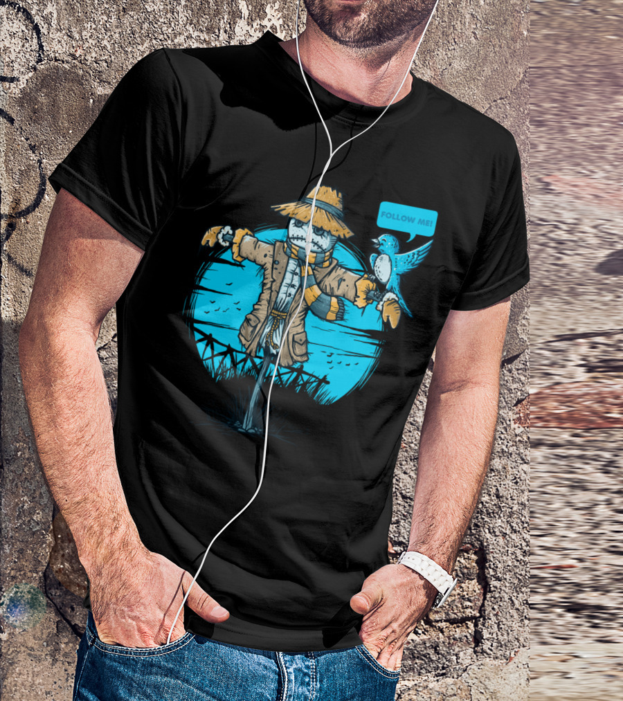 Social Bird Follow Me Scarecrow And Bluebird Scene T-Shirt