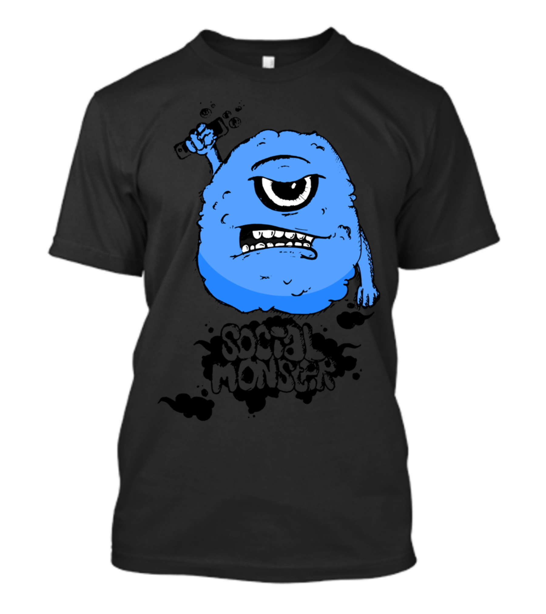 Social Monster Blue One-Eyed Creature Holding Phone T-Shirt