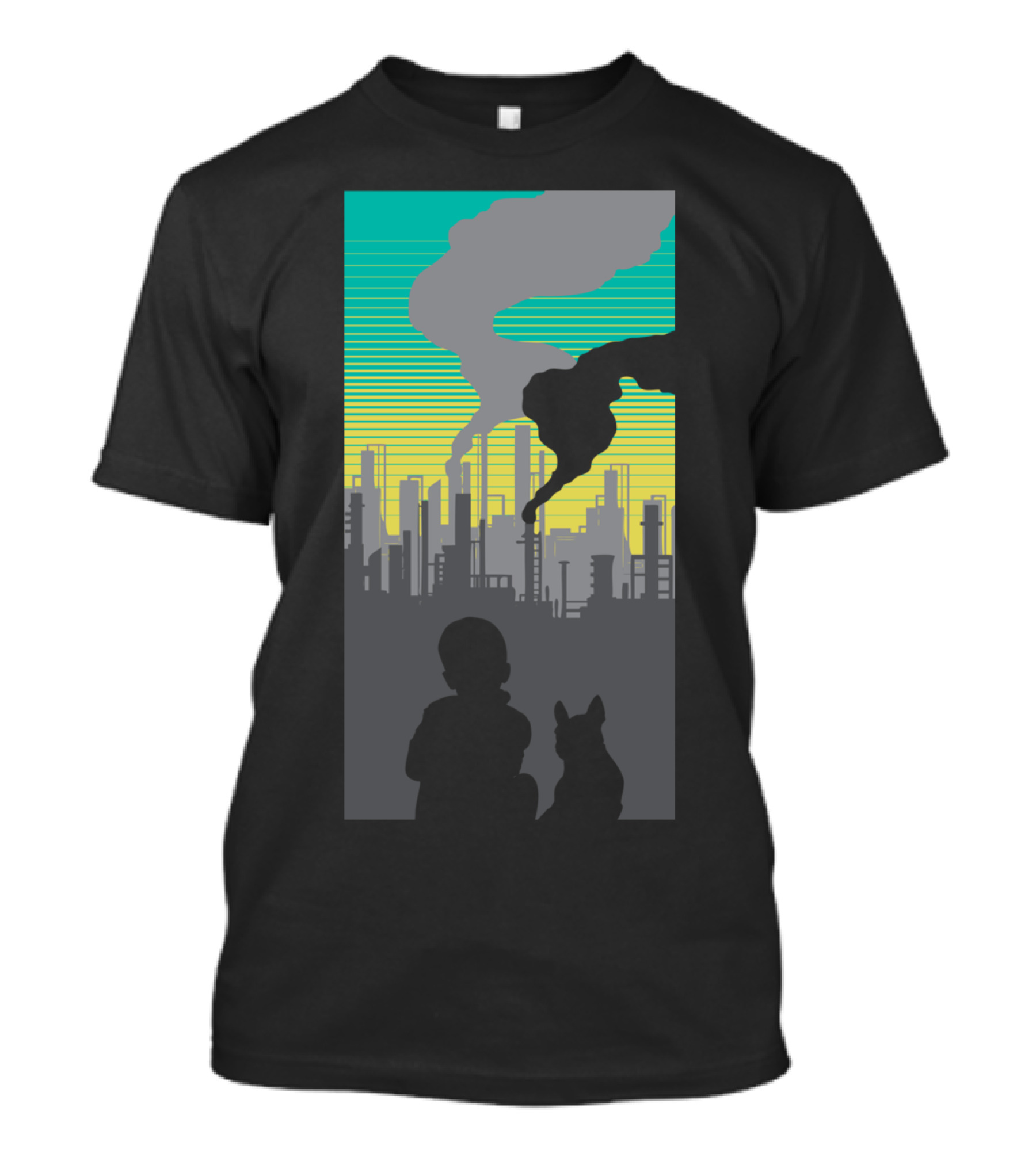 Perspective City Silhouette With Child And Dog Observing Factory Skyline T-Shirt
