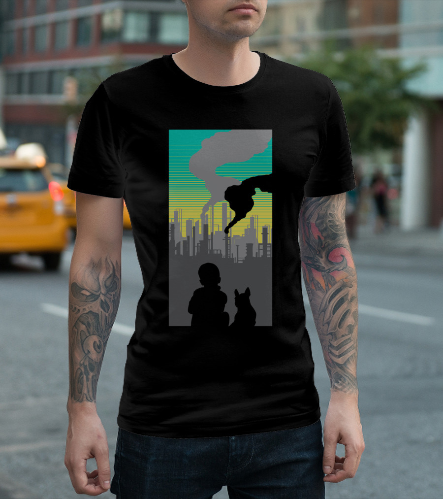 Perspective City Silhouette With Child And Dog Observing Factory Skyline T-Shirt