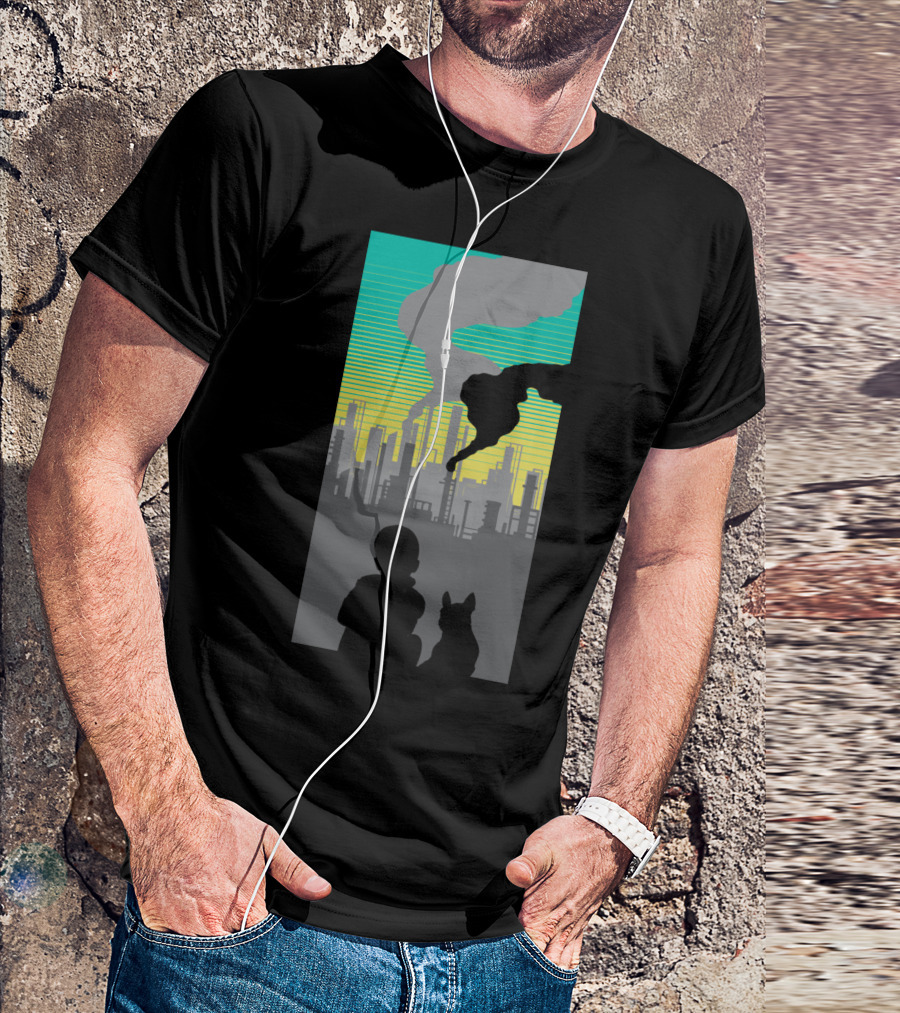 Perspective City Silhouette With Child And Dog Observing Factory Skyline T-Shirt
