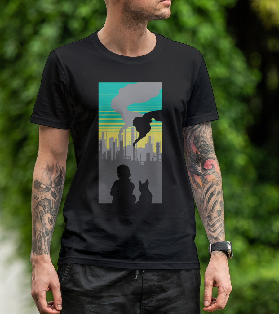 Perspective City Silhouette With Child And Dog Observing Factory Skyline T-Shirt