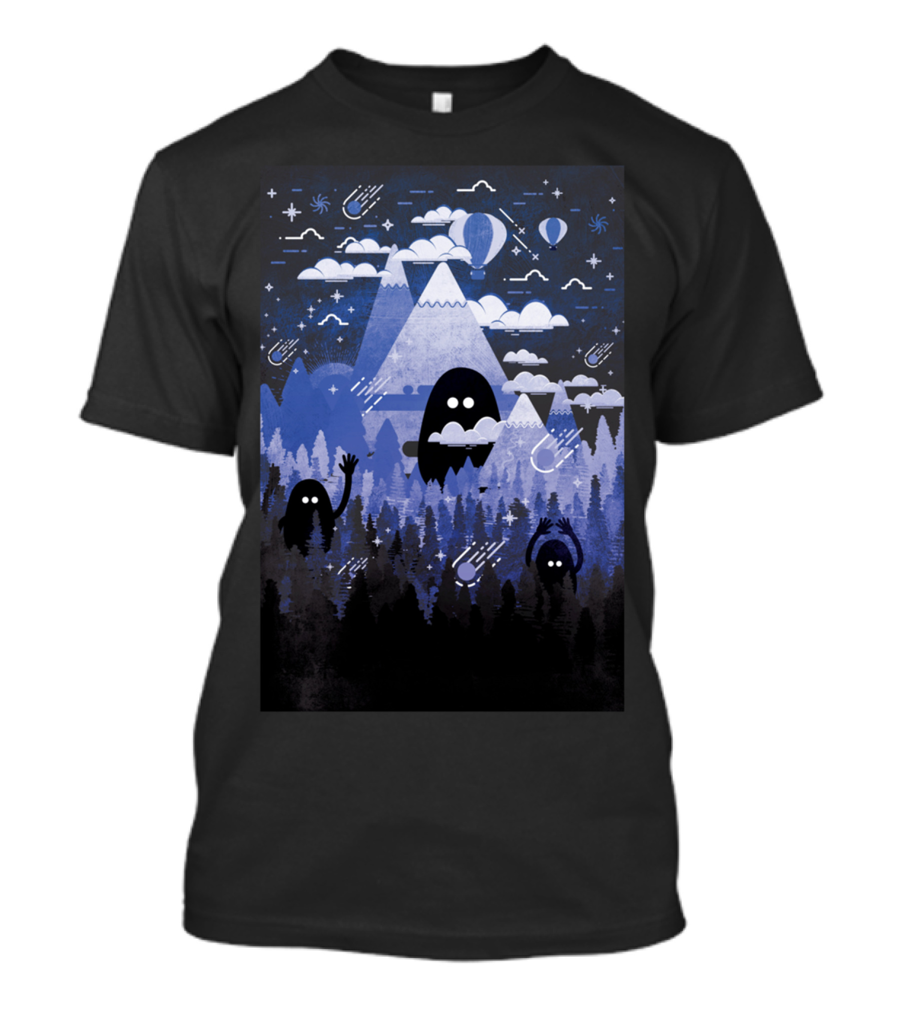 Cerulean Tundra Monsters In Starry Mountain Forest Scene T-Shirt