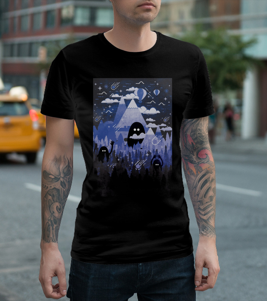 Cerulean Tundra Monsters In Starry Mountain Forest Scene T-Shirt