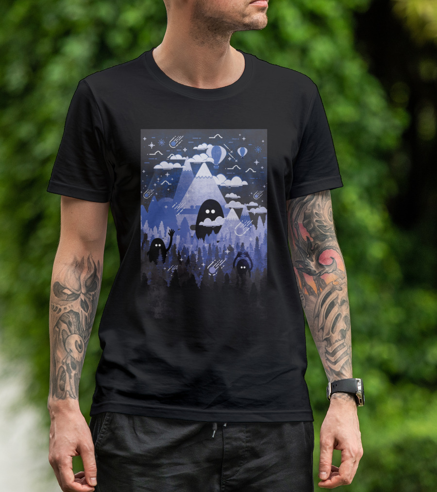 Cerulean Tundra Monsters In Starry Mountain Forest Scene T-Shirt