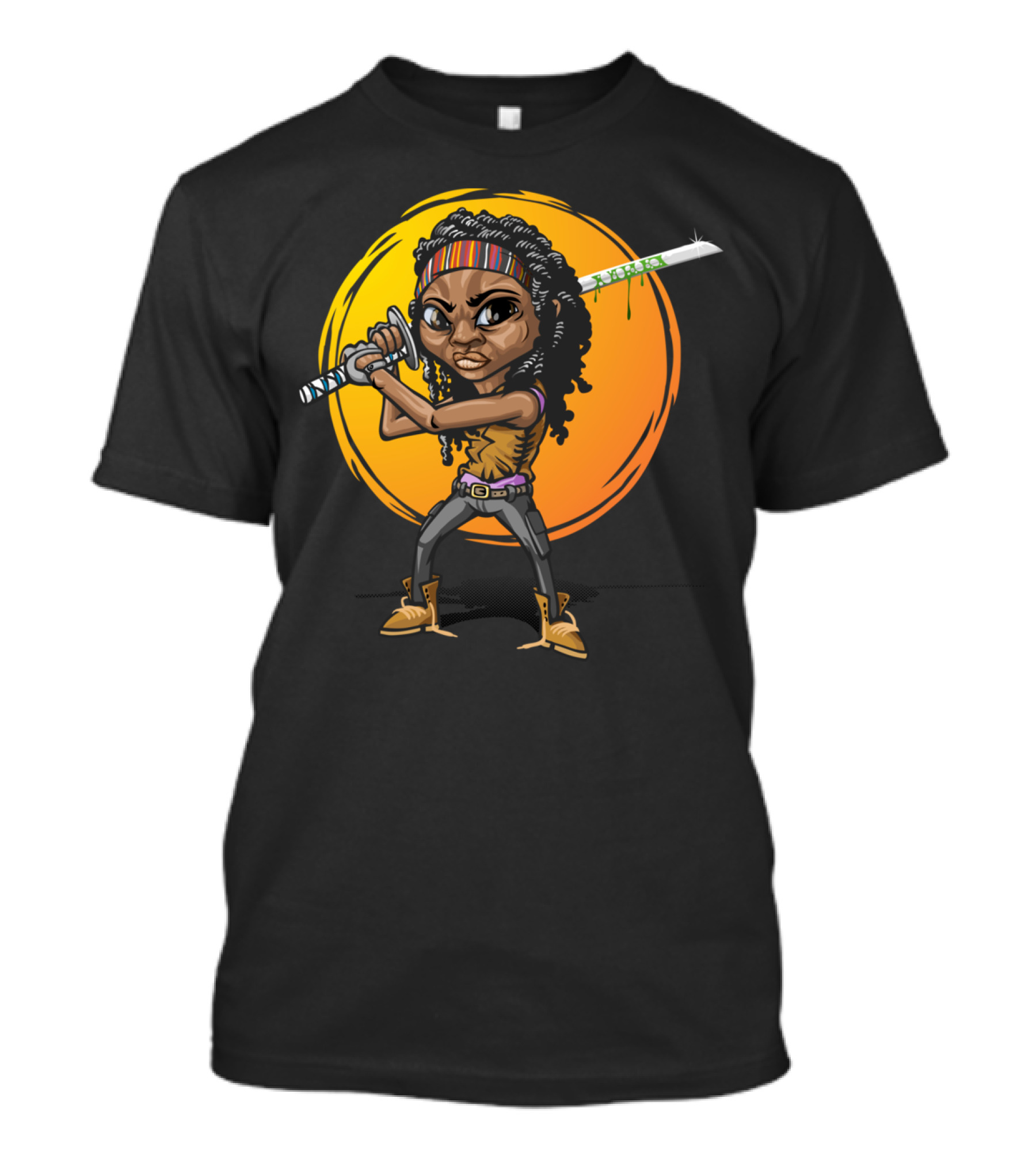 Michonne Cartoon Style Samurai Warrior Pose In Front Of Sunburst T-Shirt