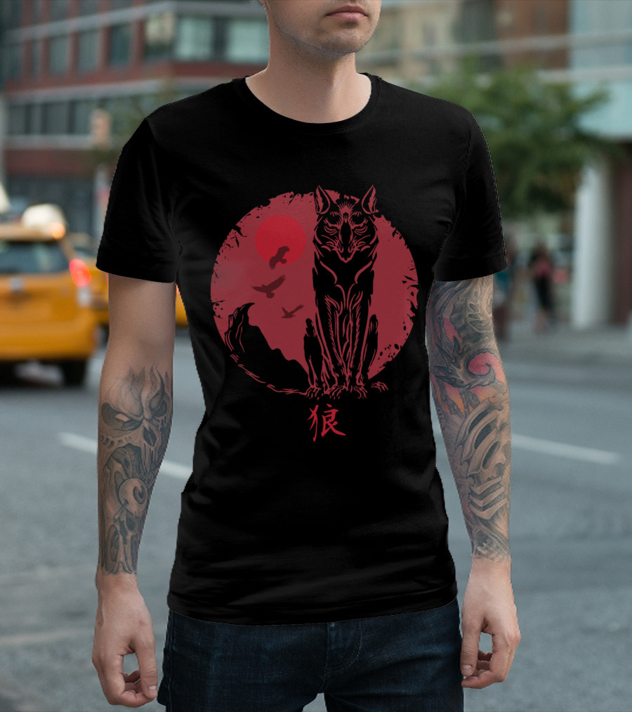 Japanese Wolf Spirit Kanji Red Sun Ravens T-Shirt