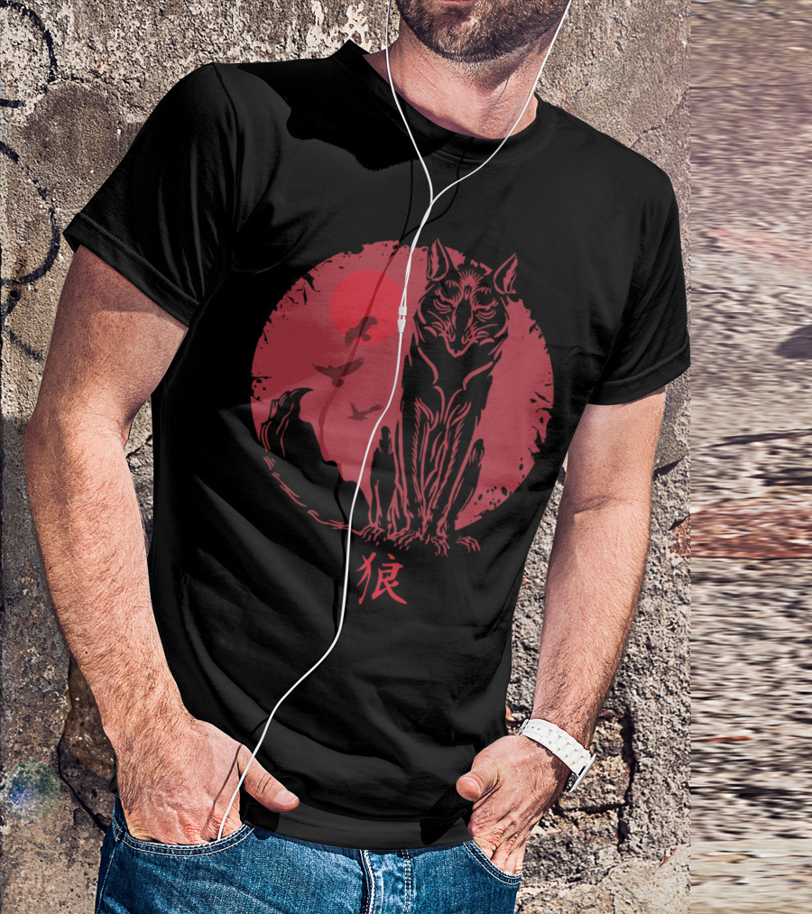 Japanese Wolf Spirit Kanji Red Sun Ravens T-Shirt
