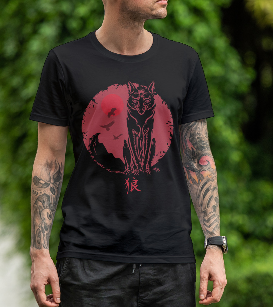 Japanese Wolf Spirit Kanji Red Sun Ravens T-Shirt