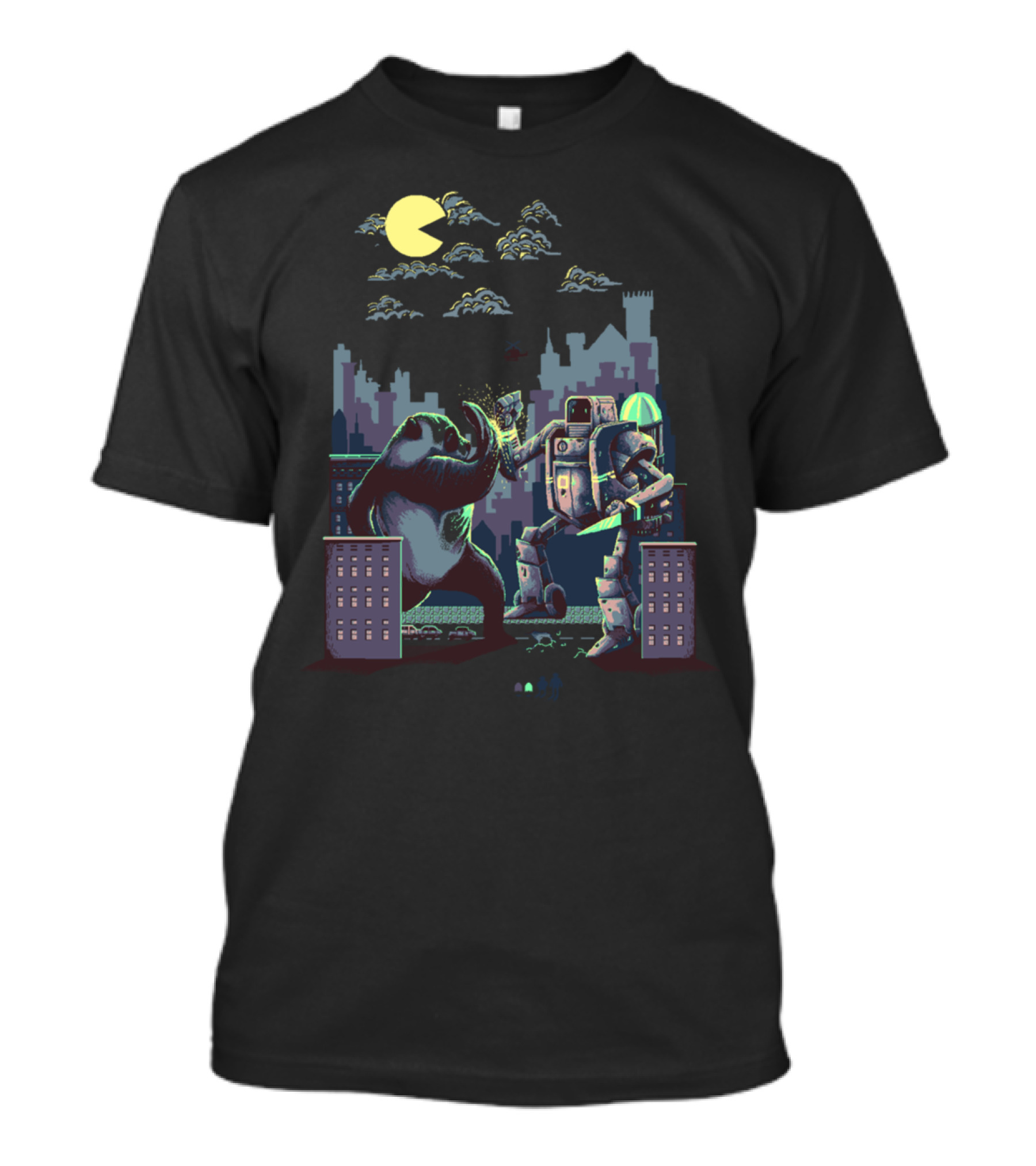 Madness At Pixel Town Panda Versus Robot Showdown In Cityscape With Pac-Man Moon T-Shirt