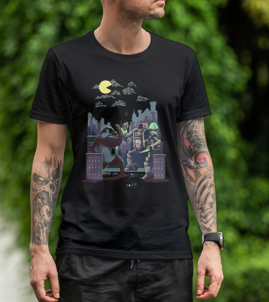 Madness At Pixel Town Panda Versus Robot Showdown In Cityscape With Pac-Man Moon T-Shirt