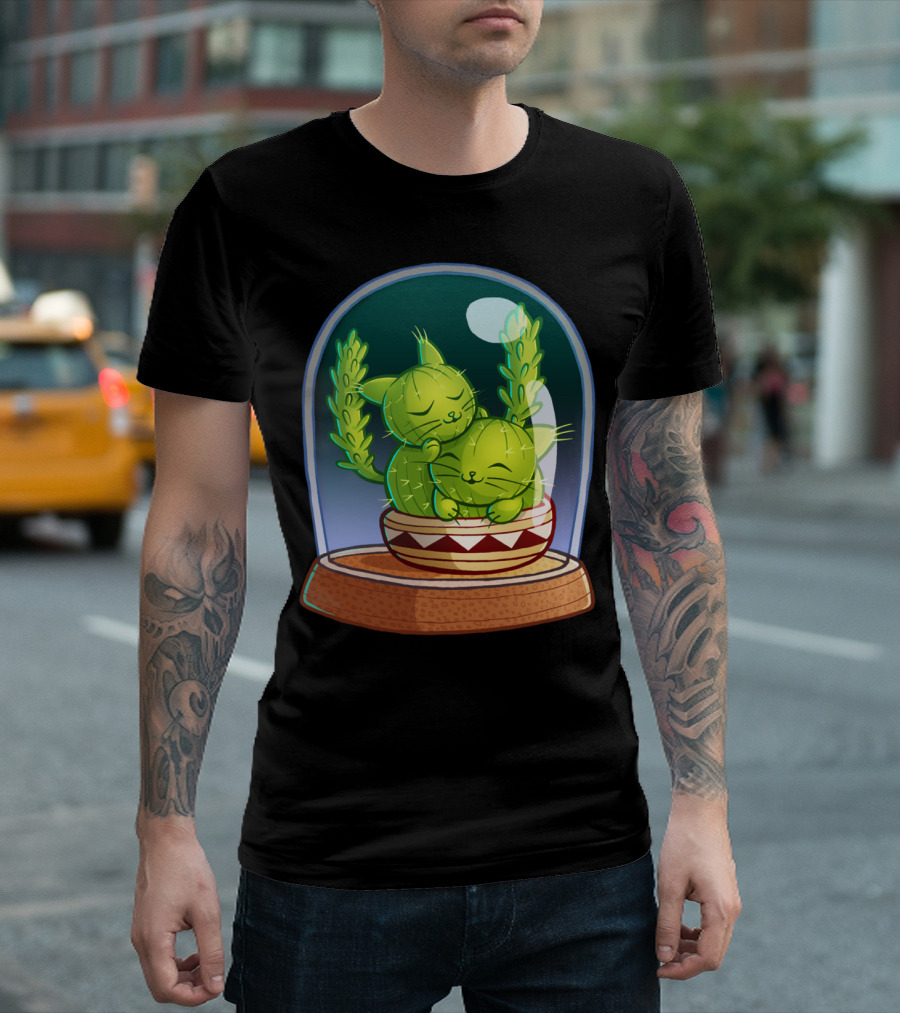 Cat Tus Love Cuddle Cactus Cats In Glass Dome T-Shirt