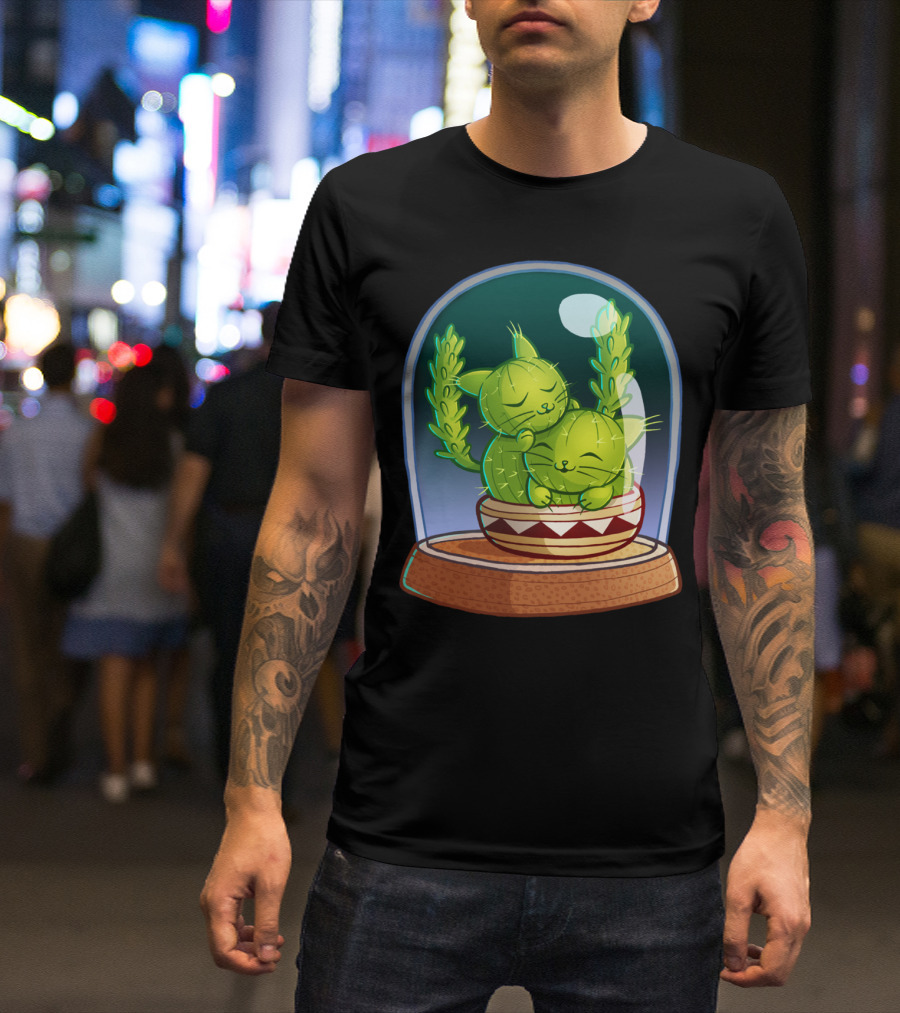 Cat Tus Love Cuddle Cactus Cats In Glass Dome T-Shirt