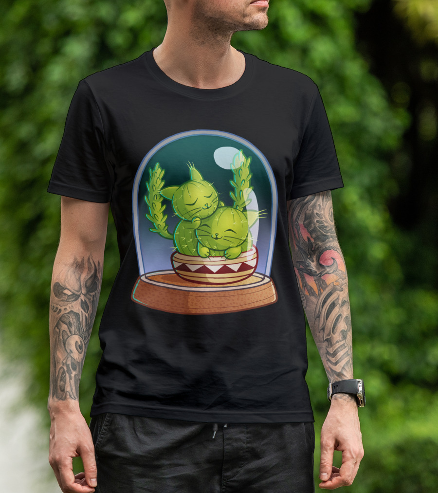 Cat Tus Love Cuddle Cactus Cats In Glass Dome T-Shirt