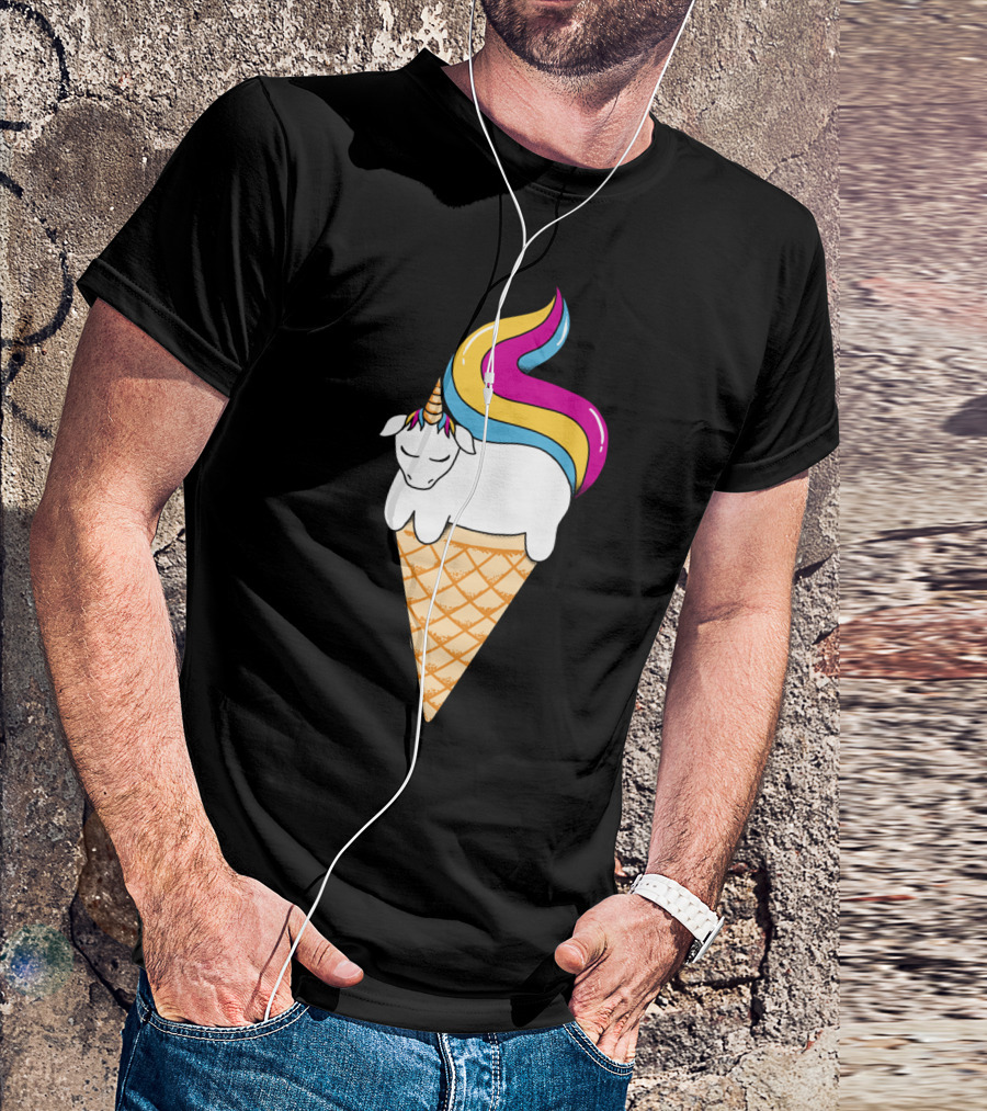 Unicorn Sleeping On Ice Cream Cone With Rainbow Mane T-Shirt