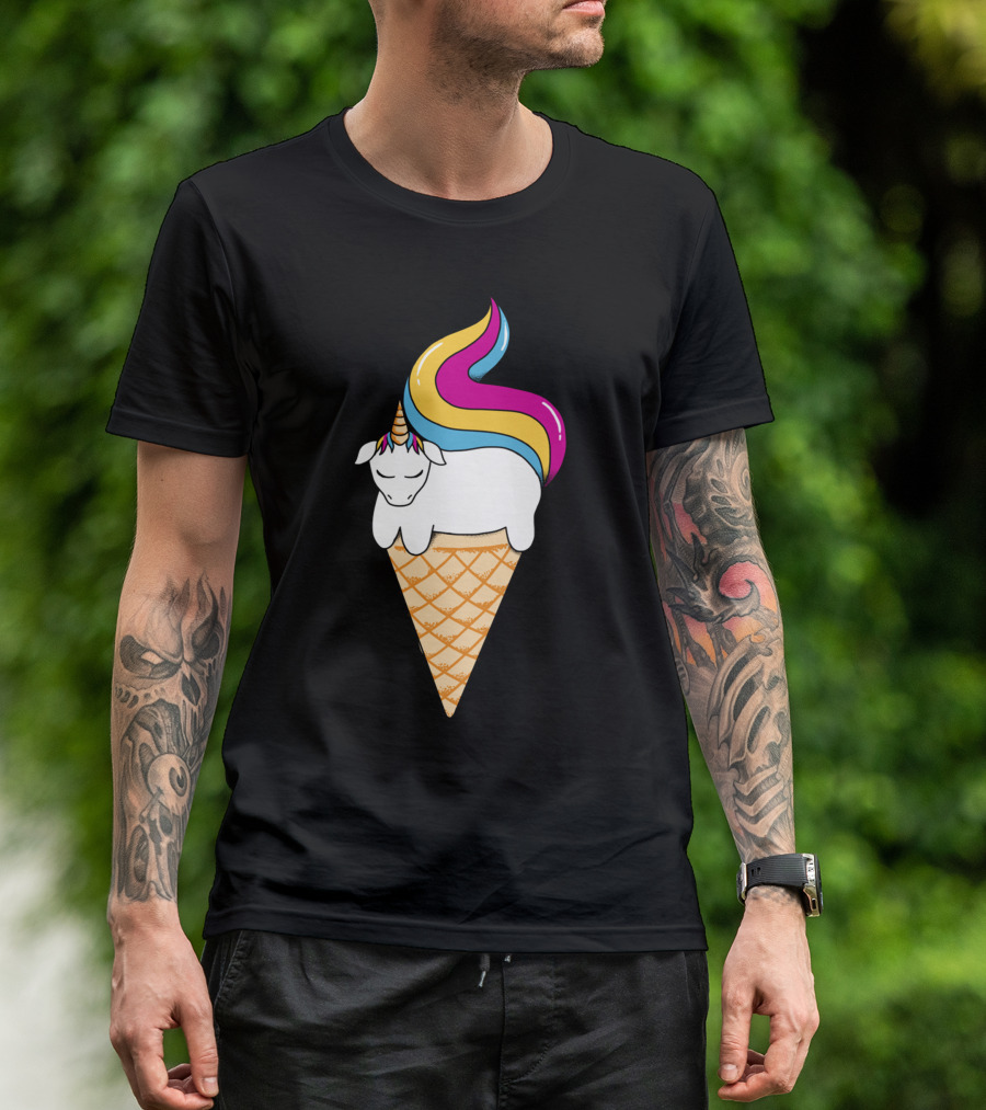 Unicorn Sleeping On Ice Cream Cone With Rainbow Mane T-Shirt
