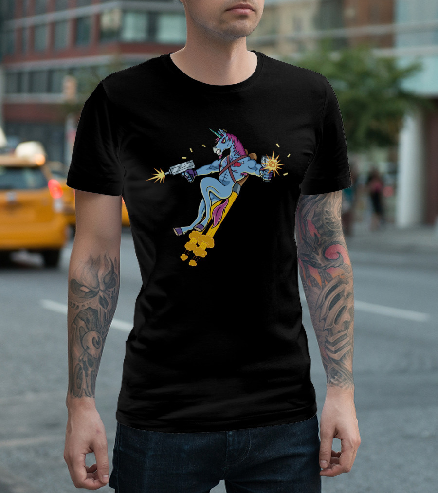 Rocket-Powered Unicorn Dual Wielding Pistols T-Shirt