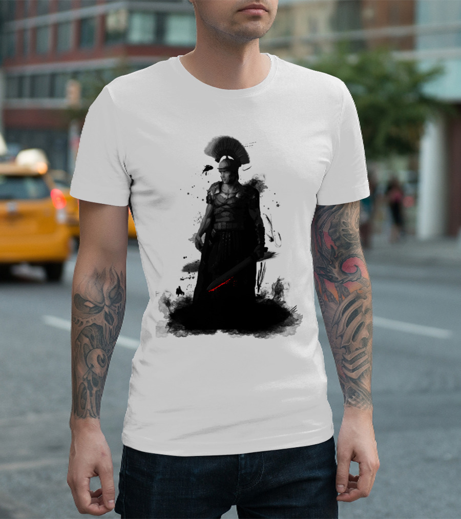 Roman Warrior Shadowed Armor with Sword Helmet Plume T-Shirt