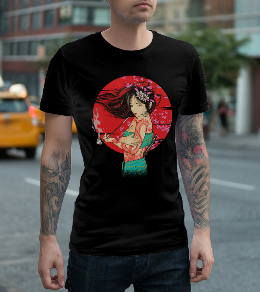 The Geisha Pe Smoking Pipe Cherry Blossoms Samurai Sword Tattoos T-Shirt