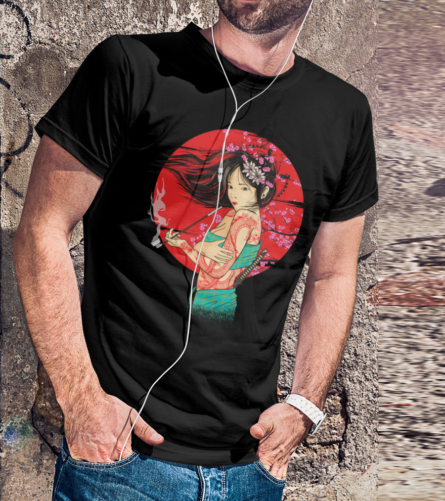 The Geisha Pe Smoking Pipe Cherry Blossoms Samurai Sword Tattoos T-Shirt