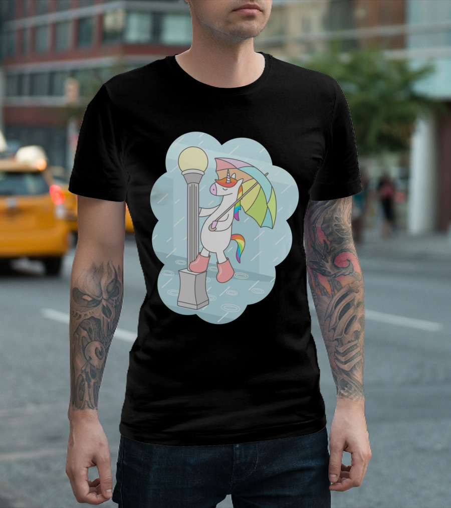 Unicorn Singing in the Rain with Rainbow Umbrella and Boots T-Shirt